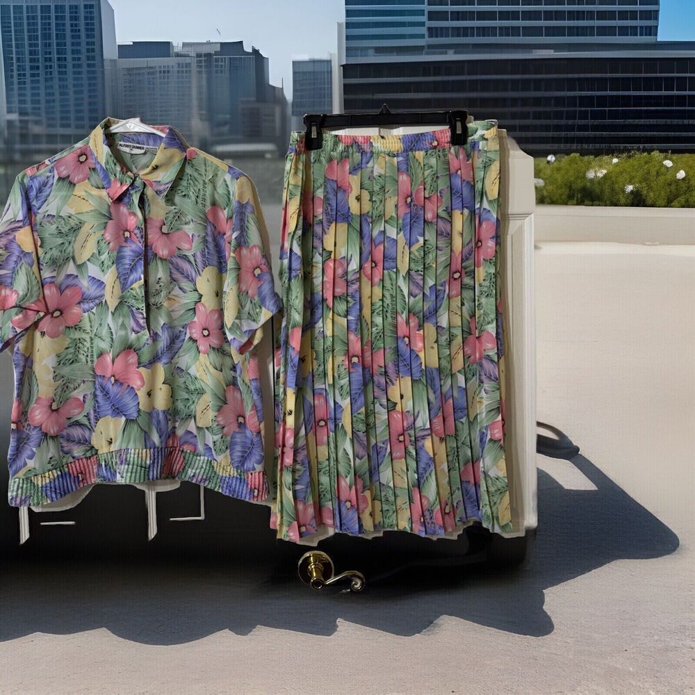 Vintage Y2K Floral Skirt Size 14 Elastic‎ Stretch Waist Hawaiian Tropical Set